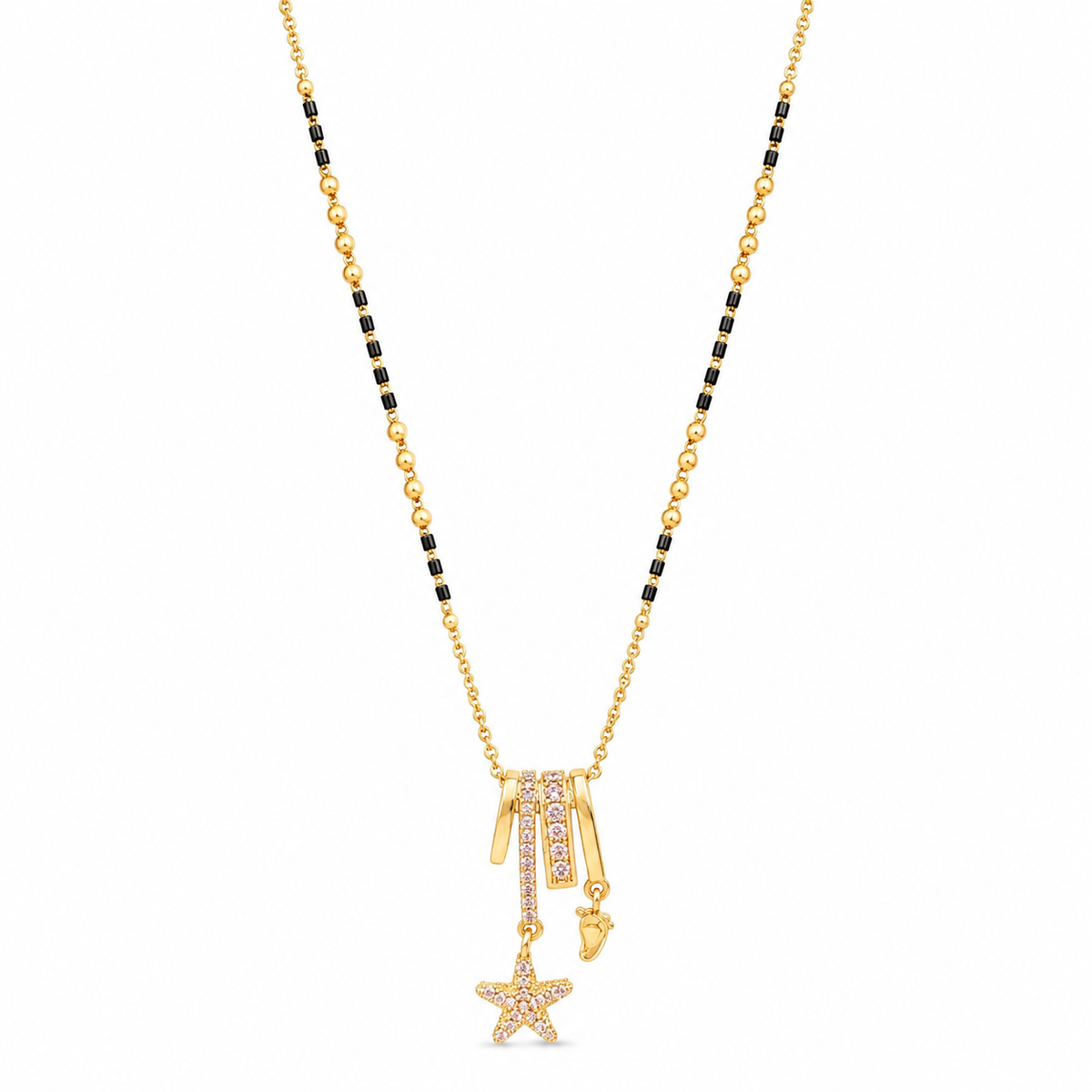KZ Gold Plated Star Charm Bar CZ Mangalsutra for Women Black Bead Chain Multi Drop Bar Pendant FS