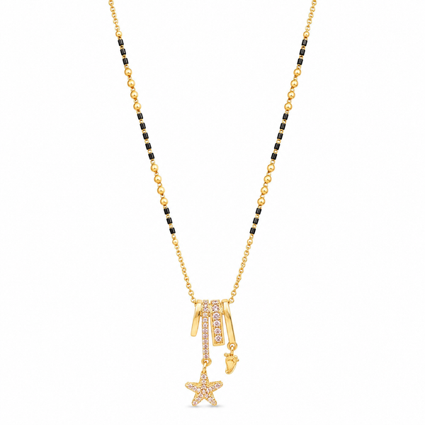 KZ Gold Plated Star Charm Bar CZ Mangalsutra for Women Black Bead Chain Multi Drop Bar Pendant FS