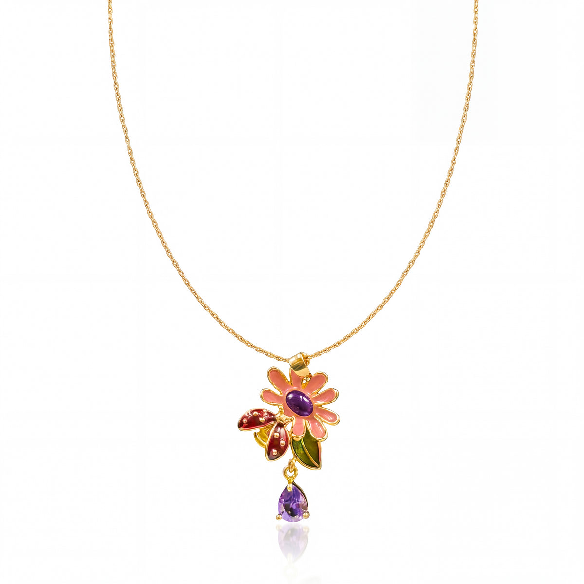 Gold Pink Petal Purple Stone Flower Pendant Chain Anti-Tarnish Necklace