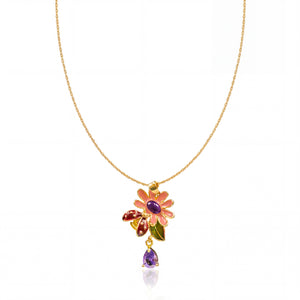 Gold Pink Petal Purple Stone Flower Pendant Chain Anti-Tarnish Necklace