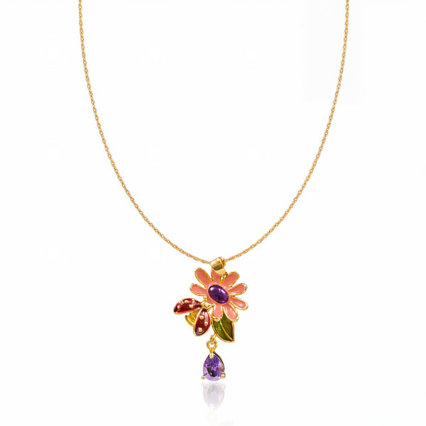 Gold Pink Petal Purple Stone Flower Pendant Chain Anti-Tarnish Necklace