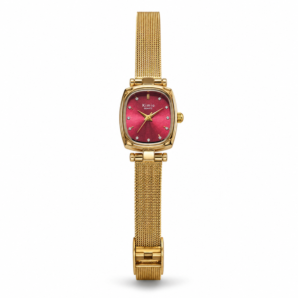 Watches Gold-Tone Square Maroon Dial Mesh Bracelet Watch for Women