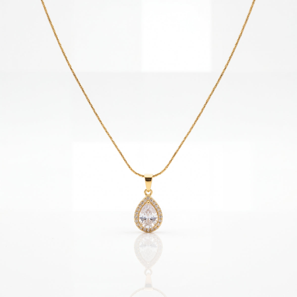 Gold Teardrop Solitaire CZ Pendant Chain Anti-Tarnish Necklace