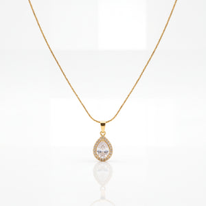 Gold Teardrop Solitaire CZ Pendant Chain Anti-Tarnish Necklace