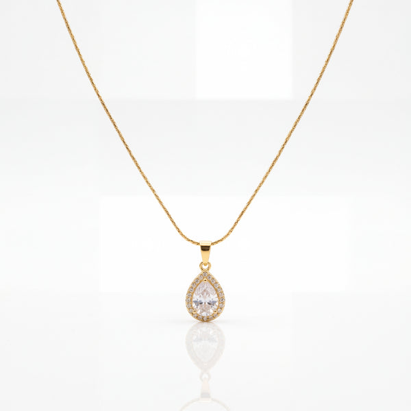 Gold Teardrop Solitaire CZ Pendant Chain Anti-Tarnish Necklace