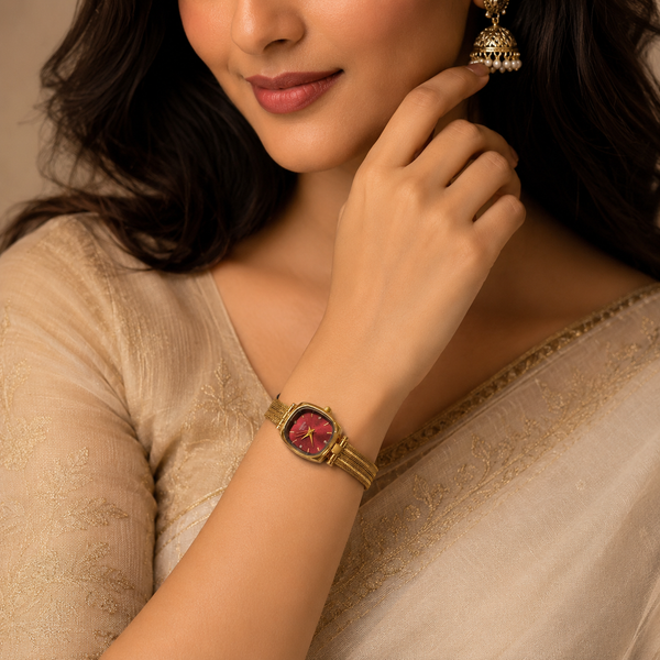 Watches Gold-Tone Square Maroon Dial Mesh Bracelet Watch for Women