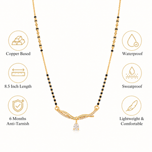 KZ Gold Plated Wave Arc CZ Mangalsutra for Women Black Bead Chain Twisted Arc Pear Drop Pendant FS