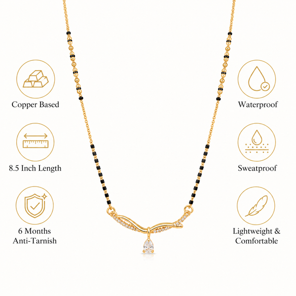 KZ Gold Plated Wave Arc CZ Mangalsutra for Women Black Bead Chain Twisted Arc Pear Drop Pendant FS