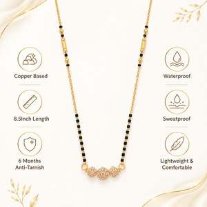 KZ Gold Plated Triple Ball CZ Mangalsutra for Women Black Bead Chain Round Ball Pendant FS