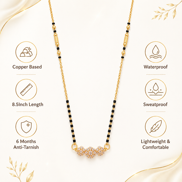 KZ Gold Plated Triple Ball CZ Mangalsutra for Women Black Bead Chain Round Ball Pendant FS
