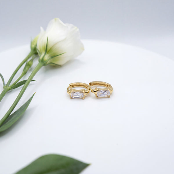 Gold Plated Baguette CZ Huggie Hoop Earrings