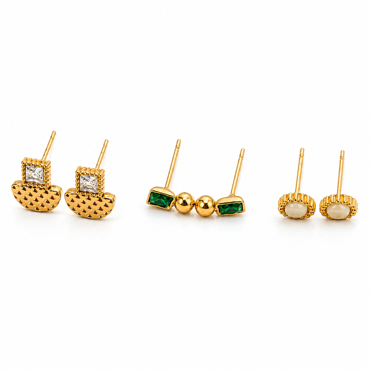 Earrings Antique Fan, Tri-Stone Bar & Kundan Oval Stud Earrings Set of 3 Pairs