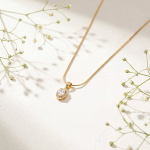 Gold Oval Drop CZ Pendant Chain Anti-Tarnish Necklace