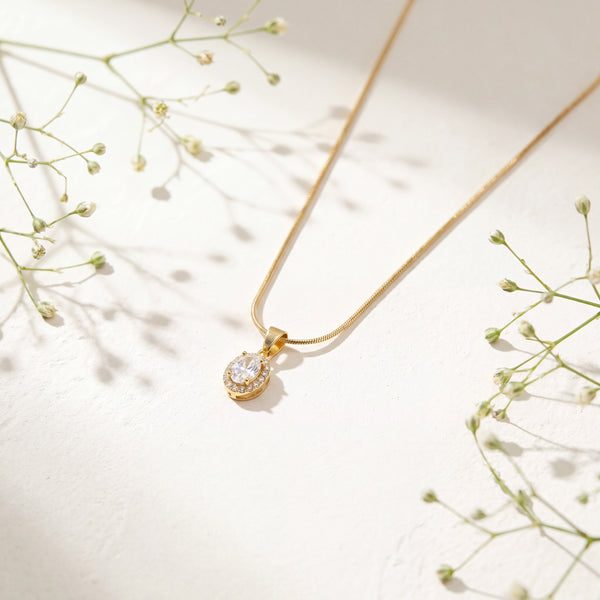 Gold Oval Drop CZ Pendant Chain Anti-Tarnish Necklace