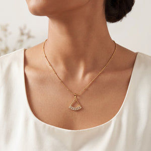 Gold Fan Shaped CZ Pendant Chain Anti-Tarnish Necklace
