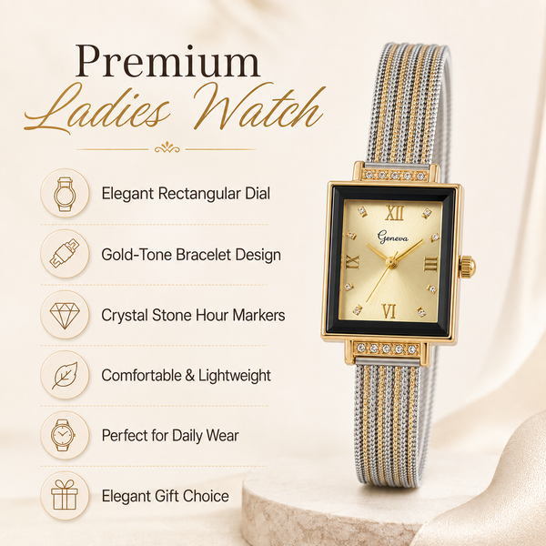 Watches Two-Tone Square Dial Black Bezel Mesh Bracelet Watch for Women