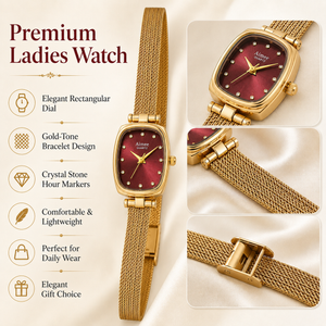 Watches Gold-Tone Square Maroon Dial Mesh Bracelet Watch for Women