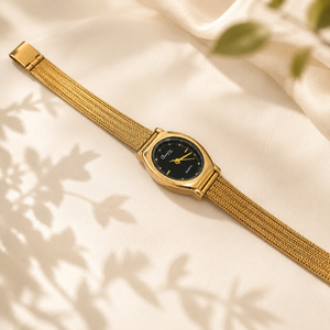 Watches Gold-Tone Barrel Black Dial Mesh Bracelet Watch for Women