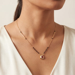KZ Gold Plated Horseshoe Ruby CZ Mangalsutra for Women Black Bead Chain Stone Frame Pendant FS