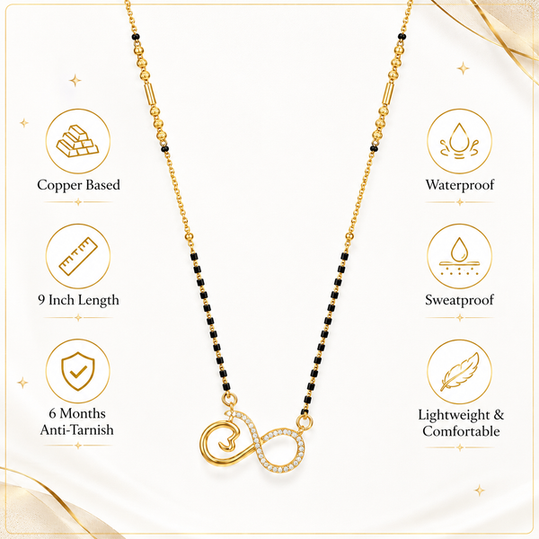 KZ Gold Plated Infinity Heart CZ Mangalsutra for Women Black Bead Chain Infinity Love Pendant FS