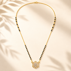 KZ Gold Plated Hexagonal Rosette CZ Mangalsutra for Women Black Bead Chain Geometric Cluster Pendant FS