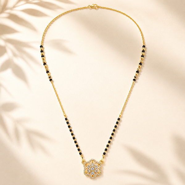 KZ Gold Plated Hexagonal Rosette CZ Mangalsutra for Women Black Bead Chain Geometric Cluster Pendant FS
