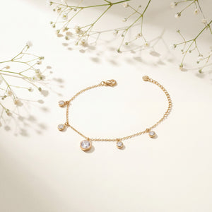 Gold Plated Round White Stone Bezel Dangling Charm Delicate Chain Bracelet with Lobster Clasp