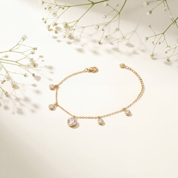 Gold Plated Round White Stone Bezel Dangling Charm Delicate Chain Bracelet with Lobster Clasp