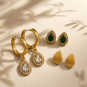 Earrings Teardrop Halo Drop Hoop, Emerald Pear Halo & Gold Teardrop Stud Earrings Set of 3 Pairs