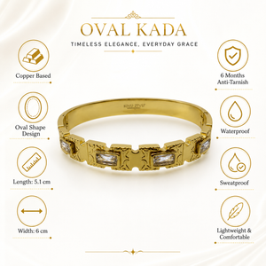 Gold Engraved Block Baguette Diamond Oval Kada for Women | Square Panel Large Stone Stainless Steel Ladies Bangle | Premium Festive Jewellery