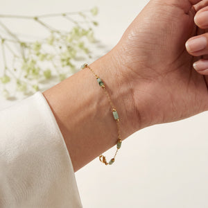 Gold Plated Green Oval Stone Station Delicate Chain Bracelet with Lobster Clasp