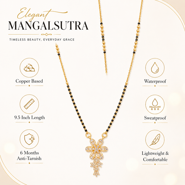 KZ Gold Plated Bow Star Drop CZ Mangalsutra for Women Black Bead Chain Ribbon Star Pendant FS