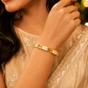 Gold Plain Oval Cuff Star Diamond Motif Kada for Women | Cross Pattern Stone Stainless Steel Ladies Bangle | Minimal Festive Jewellery