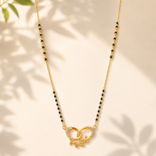 KZ Gold Plated Linked Rings Vine CZ Mangalsutra for Women Black Bead Chain Double Circle Pendant FS