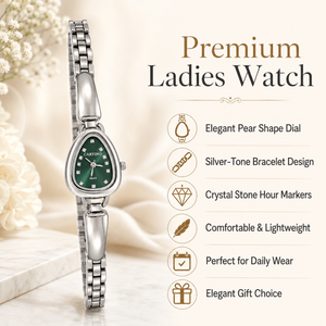 Watches Silver-Tone Pear Shape Dial Green Stone Bracelet Watch for Women
