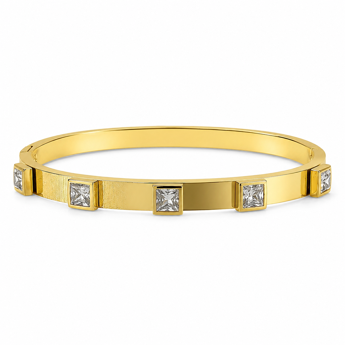 Gold Evenly Spaced Square Solitaire Diamond Oval Kada for Women | Channel Set Single Stone Stainless Steel Ladies Bangle | Premium Festive Jewellery