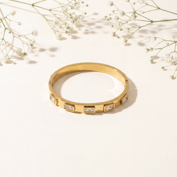 Triple Princess Cut CZ Bezel Baby Kada Bangle | Gold Plated Slim Three Stone Bracelet for Women
