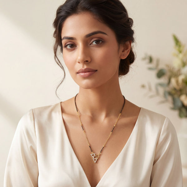 KZ Gold Plated Double Triangle CZ Mangalsutra for Women Black Bead Chain Geometric Pendant FS