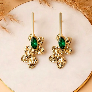 Gold Plated Abstract Floral Green Crystal Earrings on decorative plate - Anti-Tarnish by House of Viya