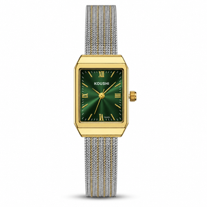 Watches Two-Tone Rectangular Green Dial Roman Numeral Mesh Bracelet Watch for Women