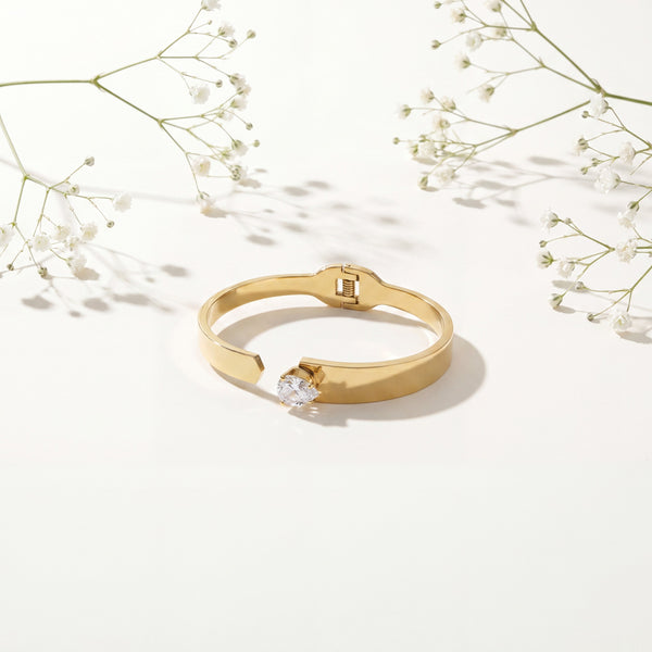 Single Solitaire CZ Open Bypass Baby Kada Bangle | Gold Plated Tip Cuff Bracelet for Women