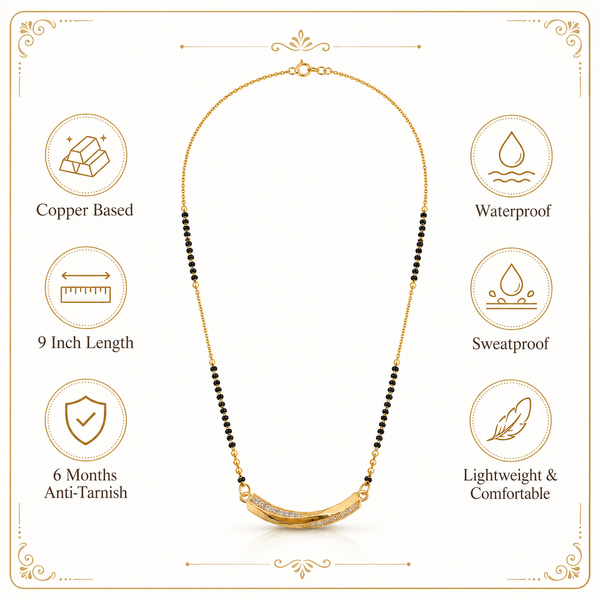 KZ Gold Plated Curved Arc Bar CZ Mangalsutra for Women Black Bead Chain Banana Curve Pendant FS