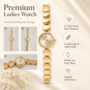 Watches Gold-Tone Round Dial Beaded Bracelet Watch for Women