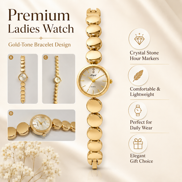 Watches Gold-Tone Round Dial Beaded Bracelet Watch for Women