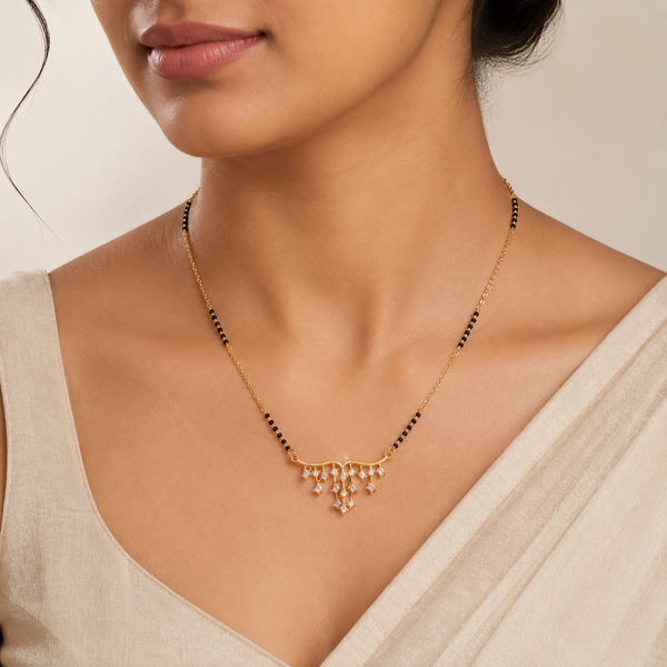 KZ Gold Plated Fringe Multi Drop Mangalsutra for Women Black Bead Chain Tassel Pendant FS