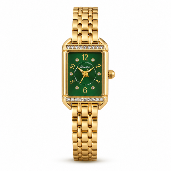 Watches Gold-Tone Rectangular Green Dial Crystal Studded Bezel Bracelet Watch for Women