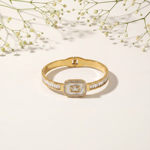 Emerald Cut CZ Halo Watch Style Baby Kada Bangle | Gold Plated Rectangular Plaque Bracelet for Women