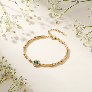 Gold Plated Bamboo Bar Link Bracelet with Round Green Stone Halo Centrepiece and Lobster Clasp