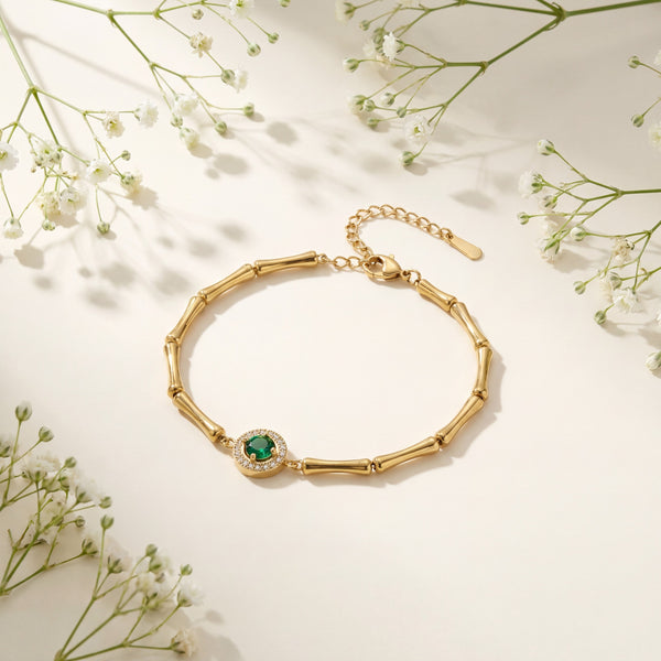 Gold Plated Bamboo Bar Link Bracelet with Round Green Stone Halo Centrepiece and Lobster Clasp