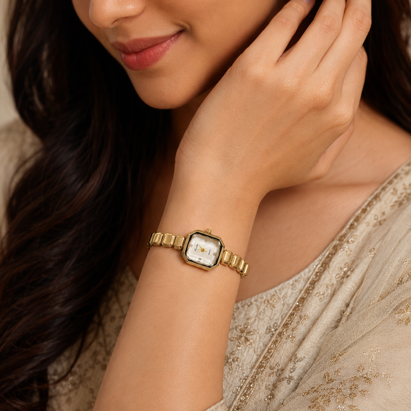 Watches Gold-Tone Rectangular Dial Brick Link Bracelet Watch for Women